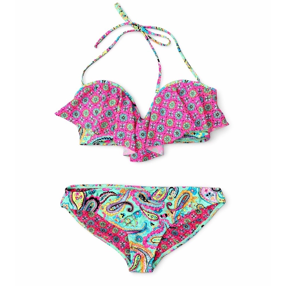 InMocean Womens XL Bikini Set Pink Teal Paisley Floral Ruffle Halter Swimsuit